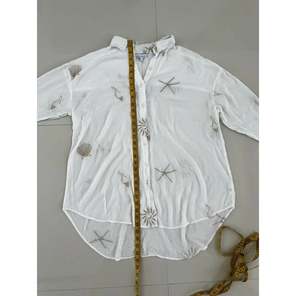 Beach Swimsuit Cover Up Button Down Shirt Embroidered Shell Boho Vacation NEW L
